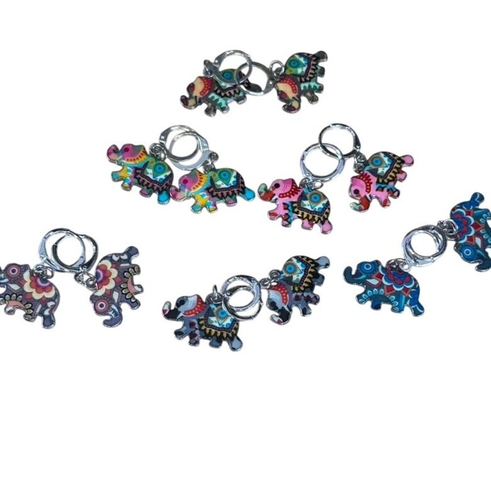 Multicolor Elephant Mandala Drop Earrings‎ Silver Tone Leverback Boho Jewelry